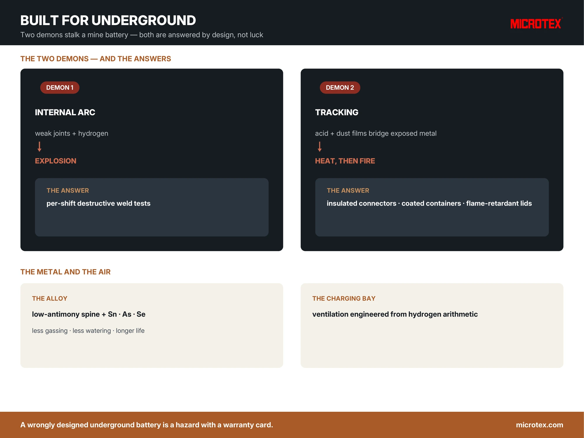 Infographic: underground mining battery engineering — internal arc and surface tracking risks with their design answers, low-antimony alloy and destructive weld testing