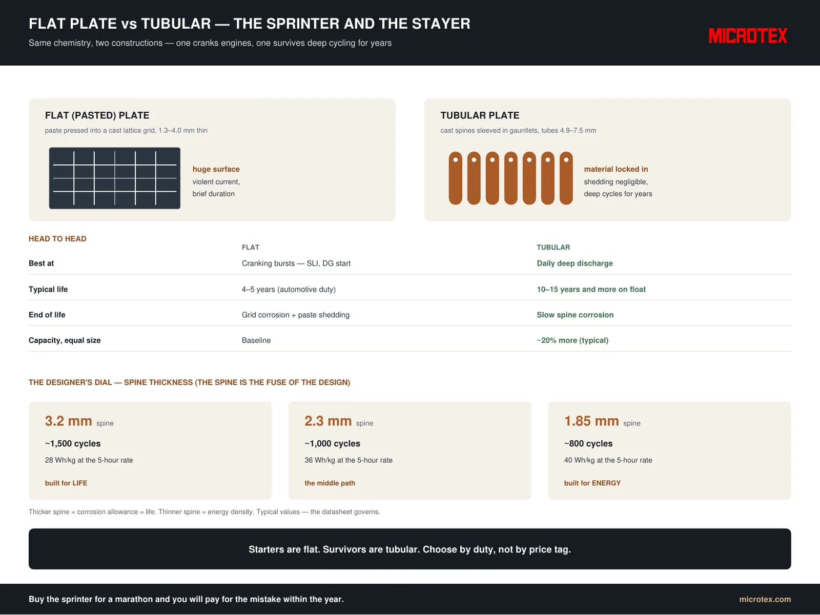 Flat plate vs tubular battery — construction, life and the spine-thickness trade-off, infographic.