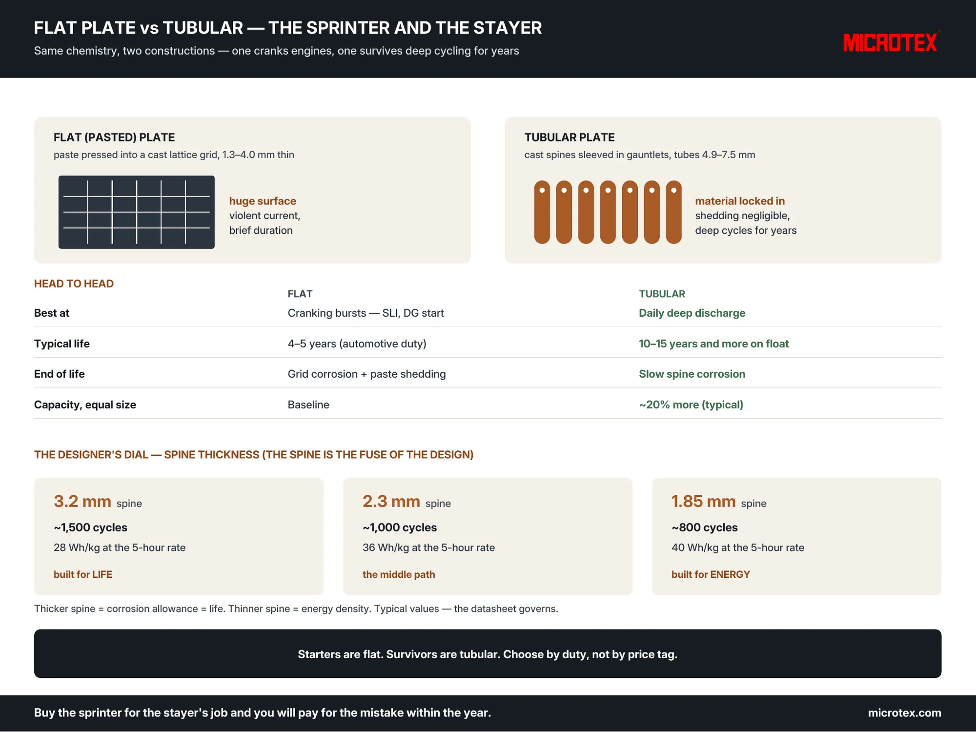 Flat plate vs tubular battery — construction, life and the spine-thickness trade-off, infographic.