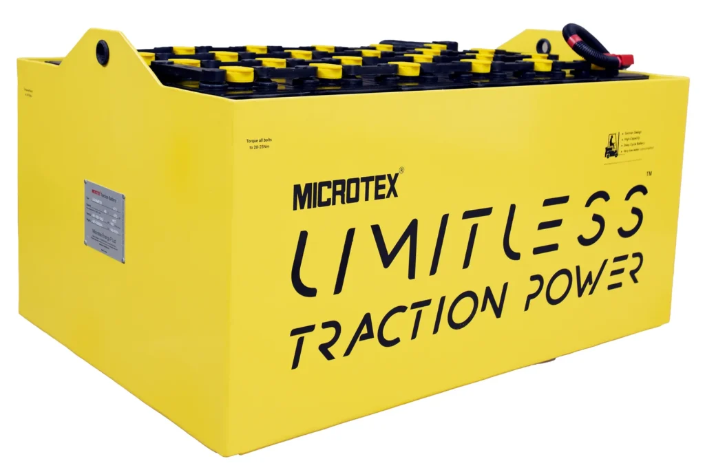 Microtex forklift battery — tubular traction cells in steel tray
