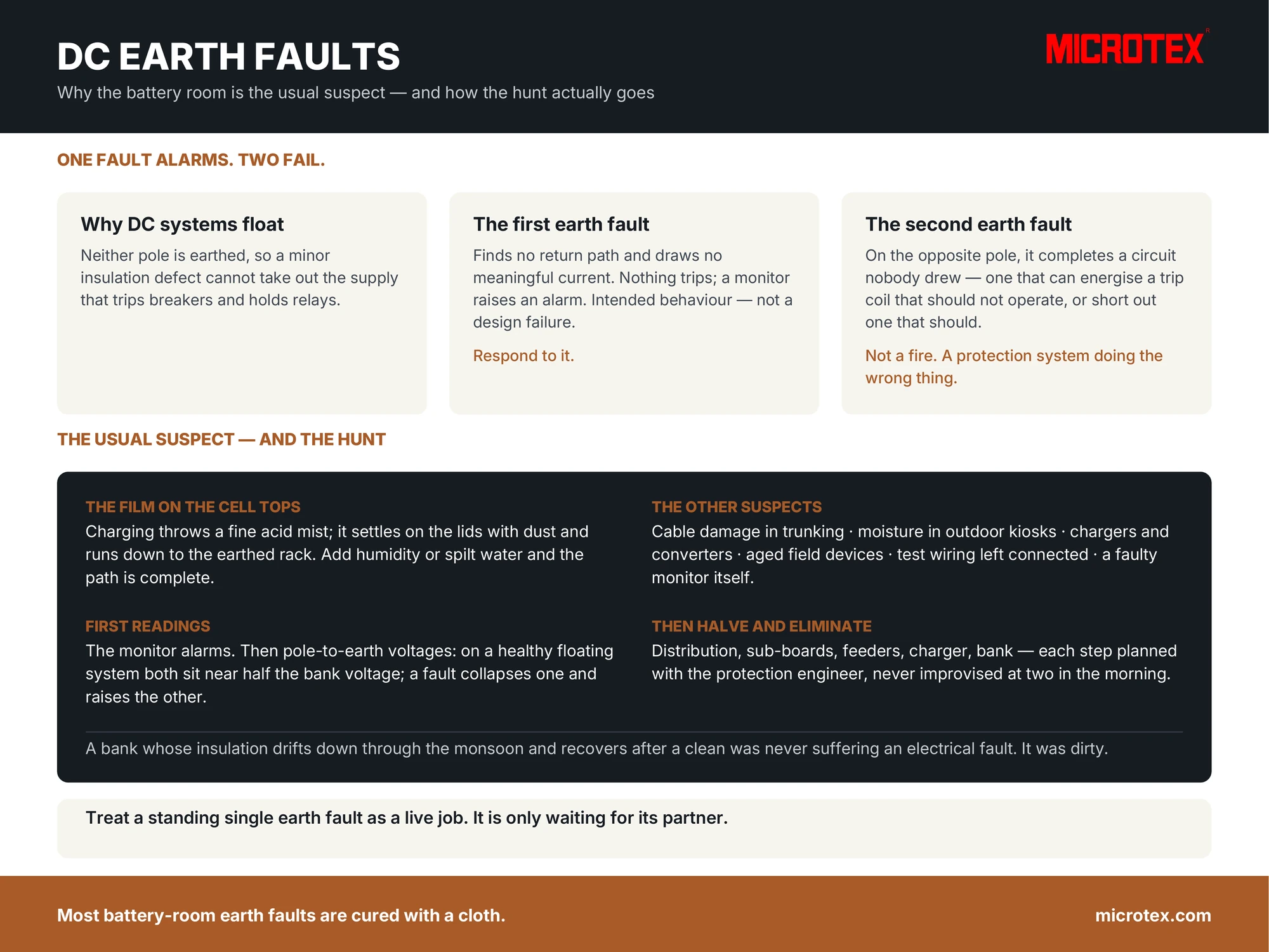 Infographic: DC earth faults — why substation DC systems float, why one fault alarms and two fail, the conductive film across dirty cell tops, and the halving method for locating a fault
