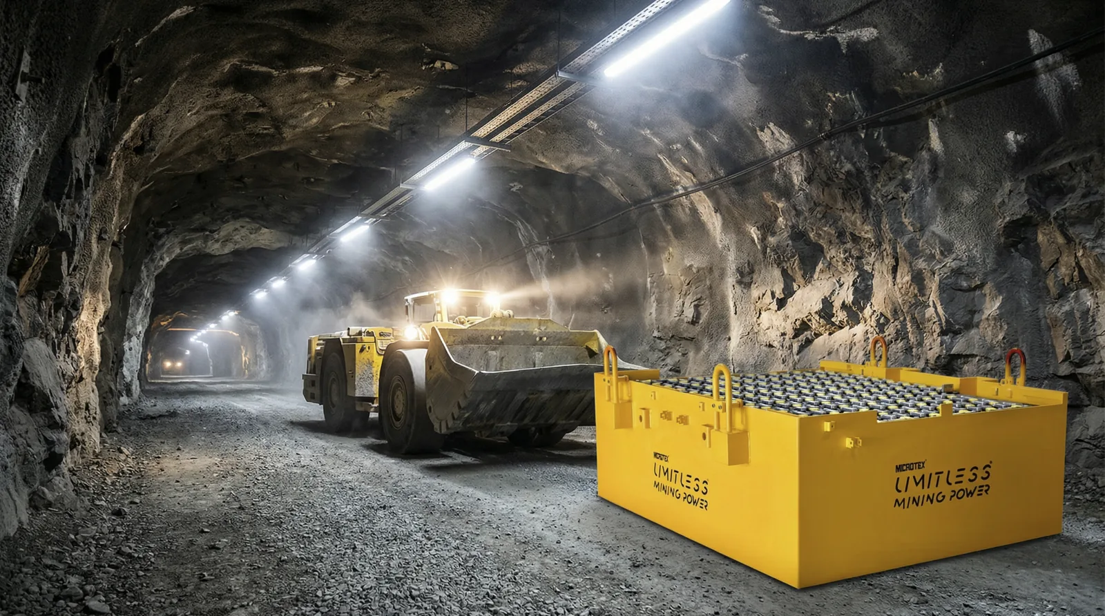 Paquete de batería Microtex LIMITLESS Mining Power junto a un vehículo minero en una galería de mina subterránea